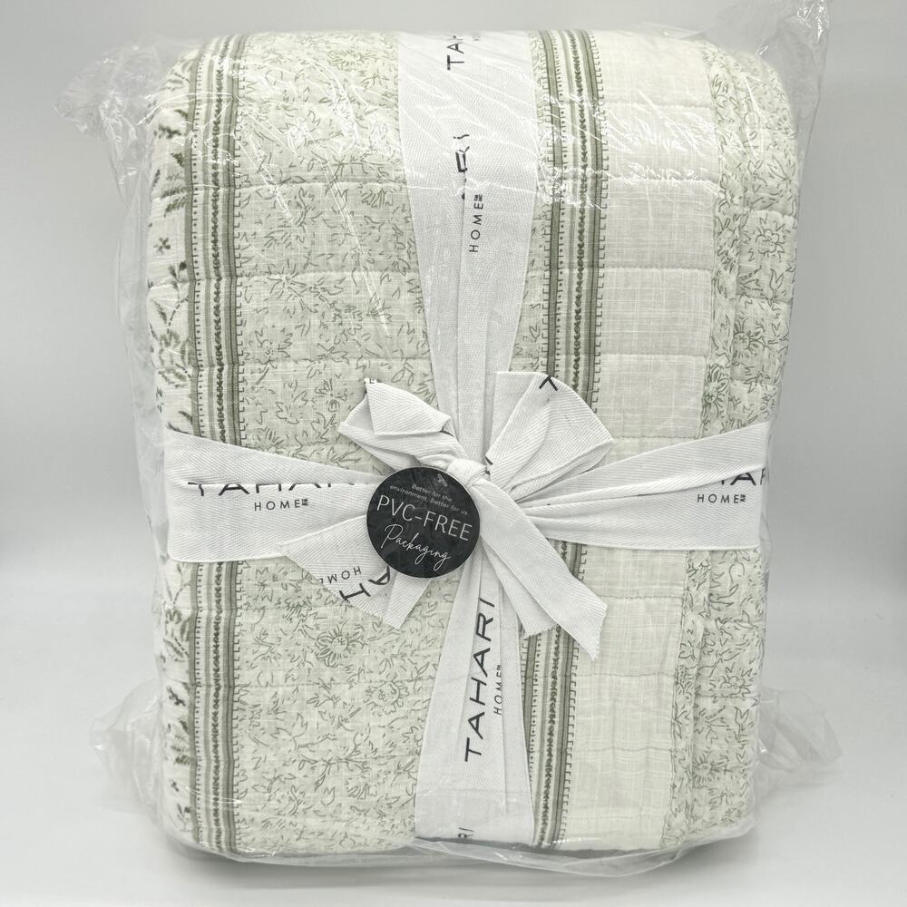 Tahari Floral Block Print Sage Green KING 3 Pc Reversible Quilt Set Bedding New